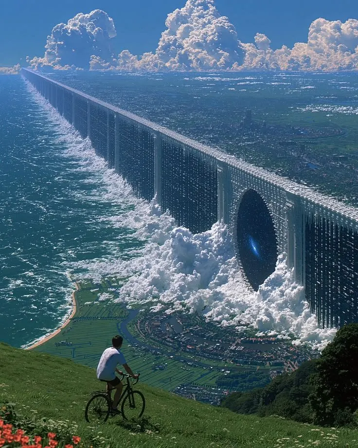 海と陸地を隔てる巨大構造物があるAGI後の世界を描くコンセプトイメージ