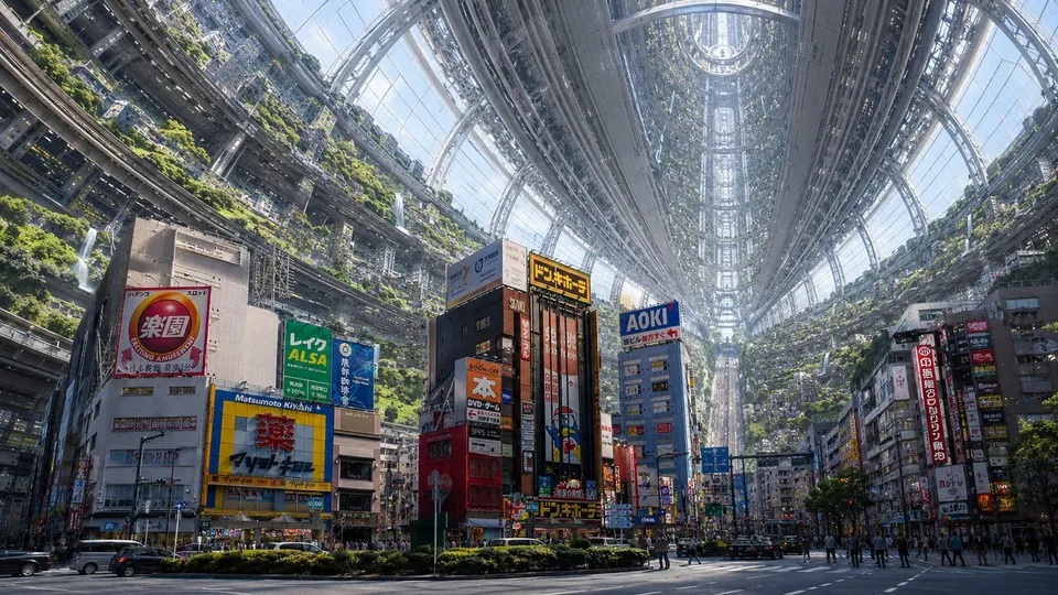右：巨大な環状都市構造の内側に広がる、緑化された2045年の池袋を描いた未来風景
