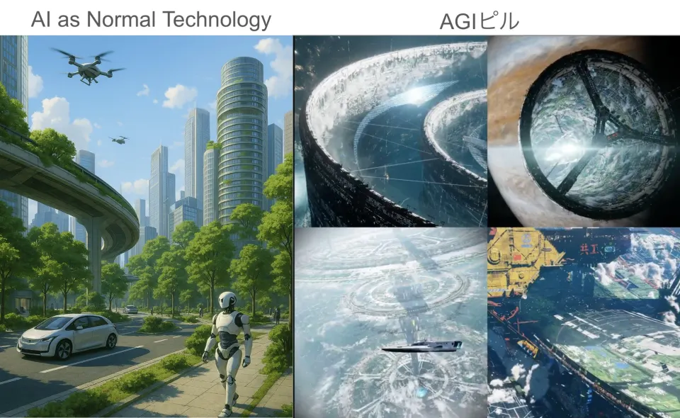左に緑豊かな近未来都市、右に宇宙規模の巨大構造物を並べ、AI as Normal TechnologyとAGIピルの未来像を対比した画像