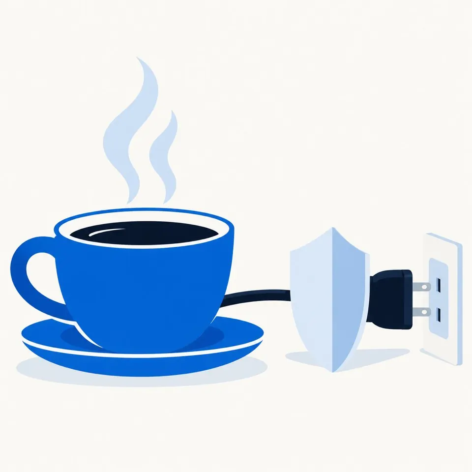 コーヒーカップの横で電源プラグが抜かれようとしているイラスト