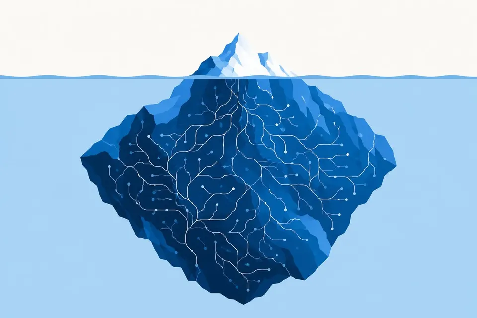 海面の上に小さく見えている部分と、その下に大きく広がる氷山のイラスト