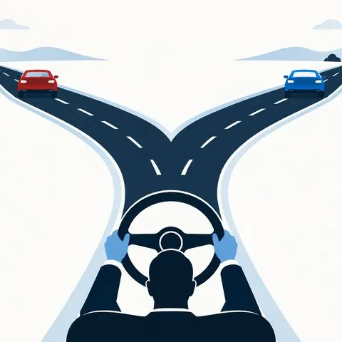 分かれ道で赤い車と青い車が別々の道を走るイラスト