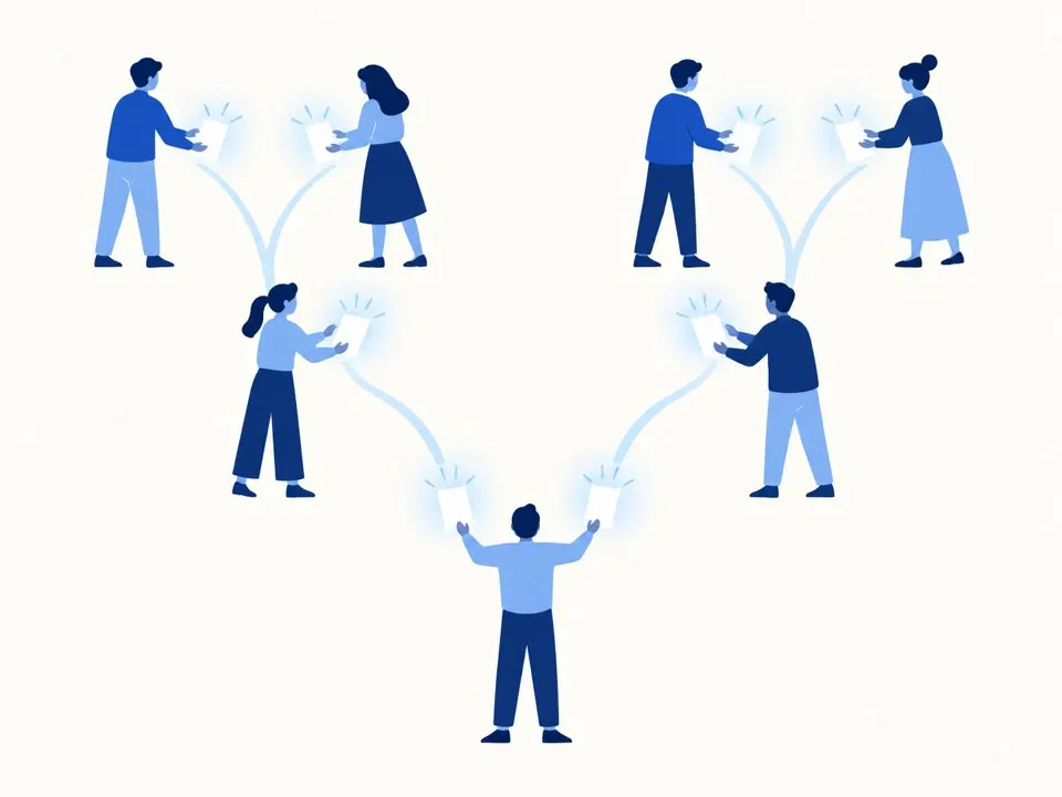一人が二人へ、二人が四人へと手紙を渡して枝分かれしていく様子