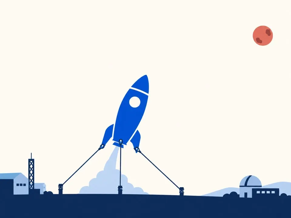 紐で支えられて打ち上がるロケットと、遠くにある本当の目的地の惑星