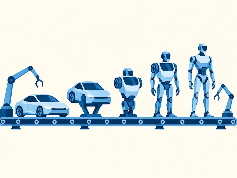 自動車の組立ラインが、途中から人型ロボットの組立ラインに変わっていく