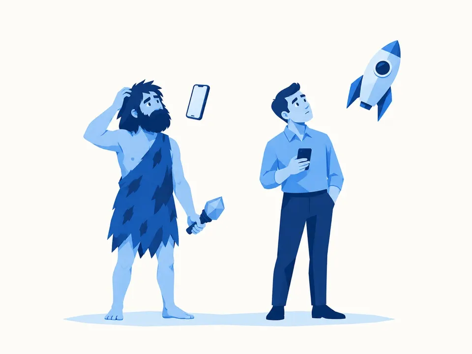 石器を持つ人がスマートフォンを不思議そうに見て、隣でスマートフォンを持つ現代人が未来の道具を見上げている