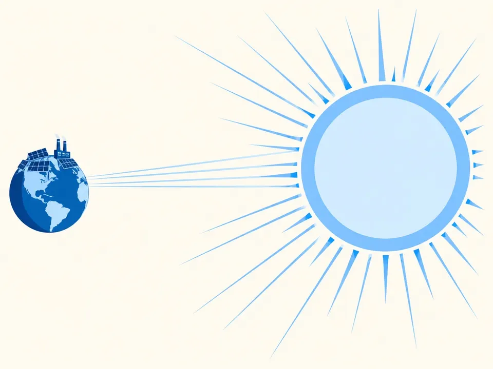 太陽光パネルと工場に覆われた小さな地球に、大きな太陽から光が届く