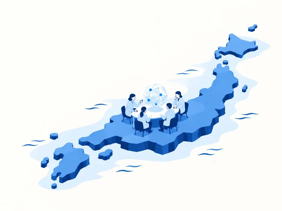 日本に似た形の島で、白衣の人たちが透明なAIの模型を囲んで調べている
