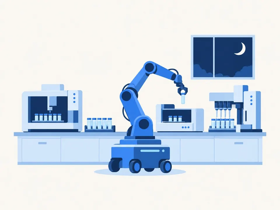 移動するロボットアームが、夜も並んだ試験管と装置の間で実験を続けている