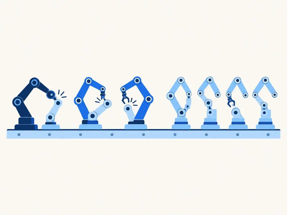 ロボットアームが新しいロボットアームを組み立て、その数が1台、2台、4台と増えていく