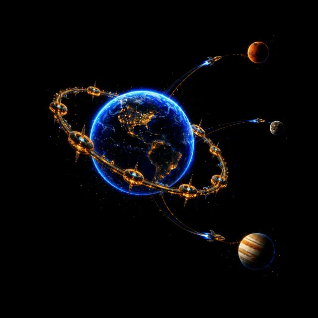 惑星から宇宙船が広がっていくイメージ