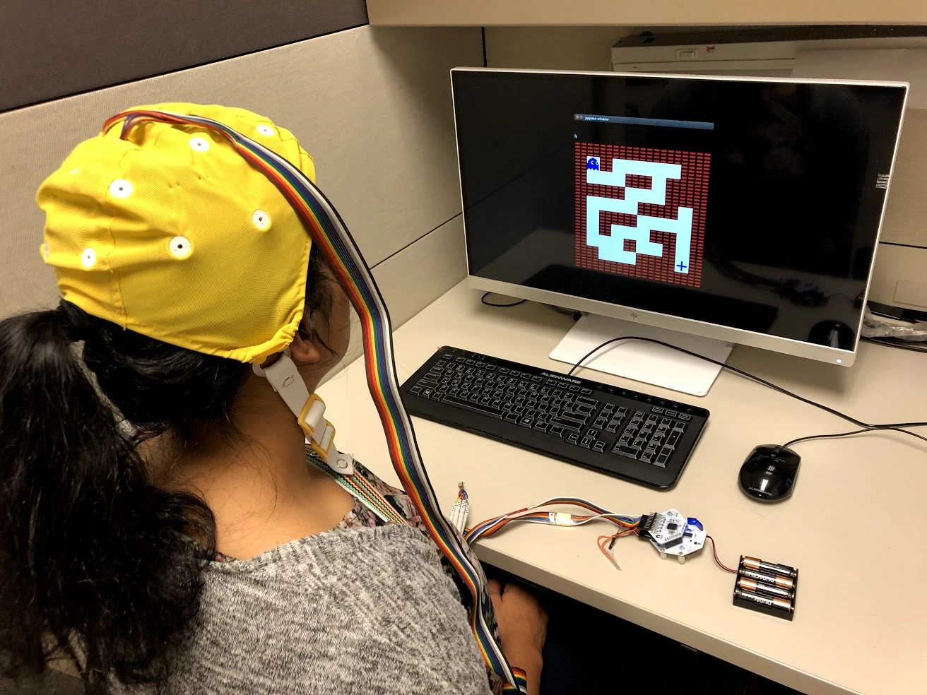 脳波キャップを着けた人が、モニター上で迷路ゲームをプレイするエージェントを見ており、その脳信号が記録されている