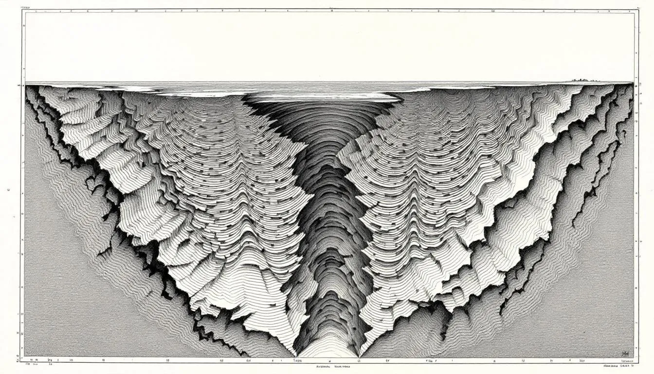 海水の層を通して海底を読み取る測深断面図。深さで歪んだ信号は、失われた信号ではない。