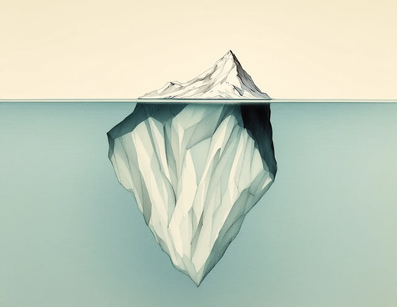 絵画風の図版：クリーム色の空の下、穏やかな水面を横切る氷山。水面の上には小さく尖った先端がのぞき、その下には多面体状の巨大な本体が画面の大部分を占めている