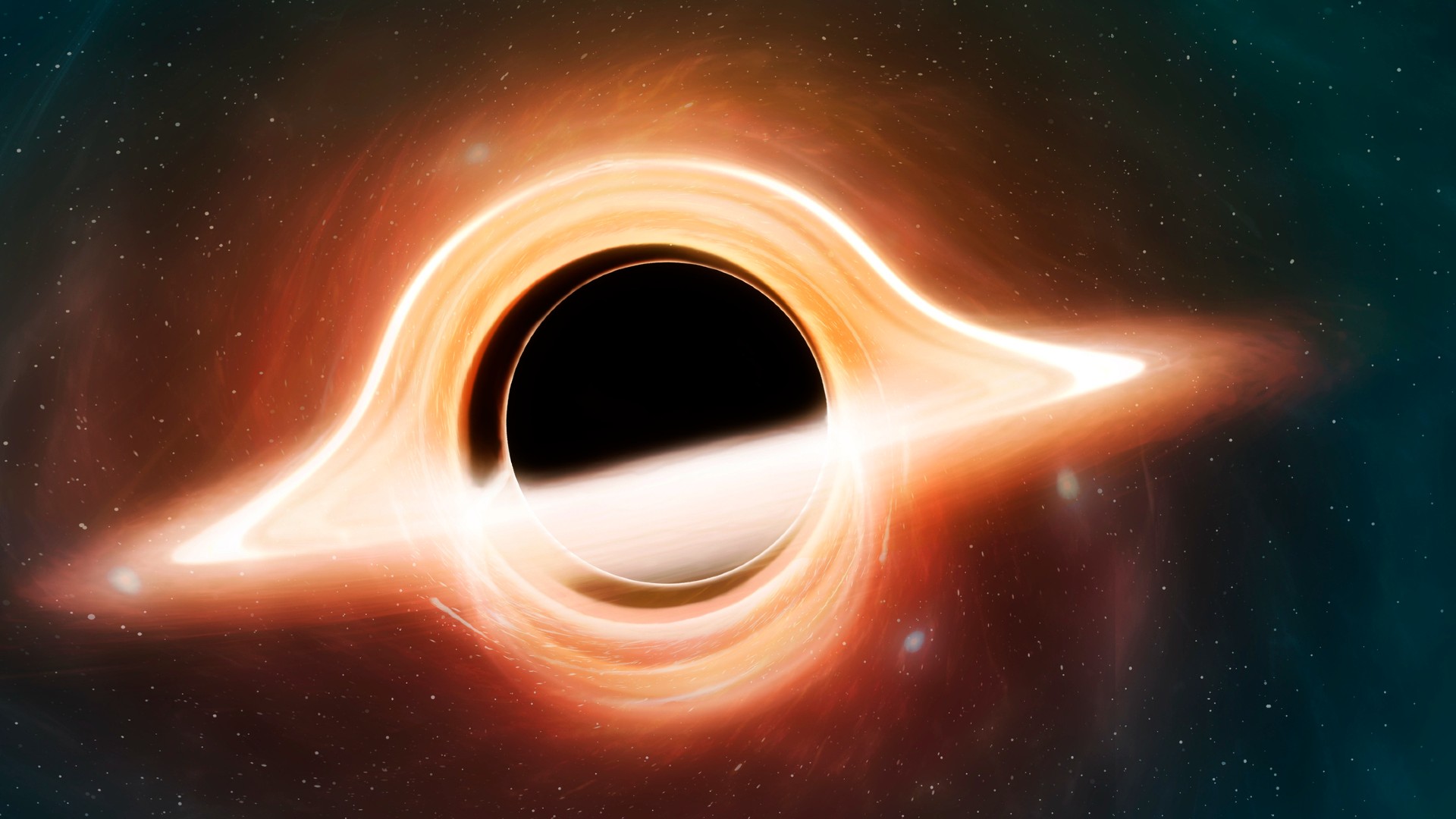 超大質量ブラックホールの事象の地平面の周りで曲がる光の想像図